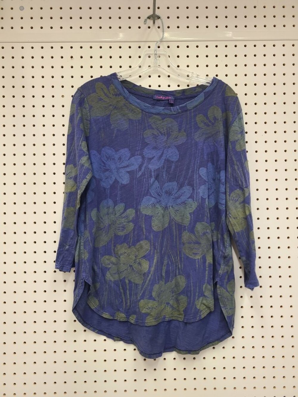 Fresh Produce Blue & Green Floral 3/4 Sleeve Tunic Top Size S Made In USA